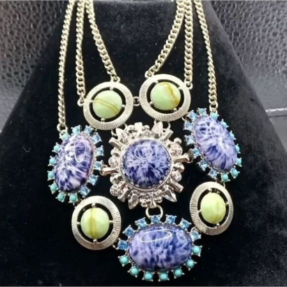 JTV Green Blue Sun Silvertone Statement Necklace NWOT - Picture 3 of 3